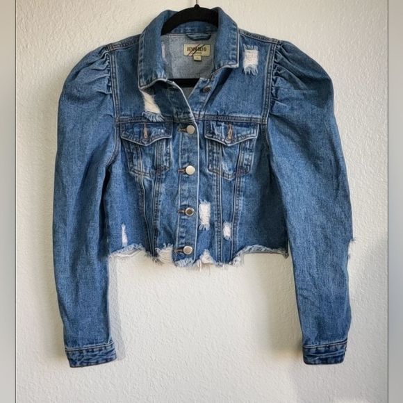 Denim Blvd Los Angeles Puff Sleeve Ripped Raw Hem Crop Jean Jacket Dark Blue S - Picture 2 of 12